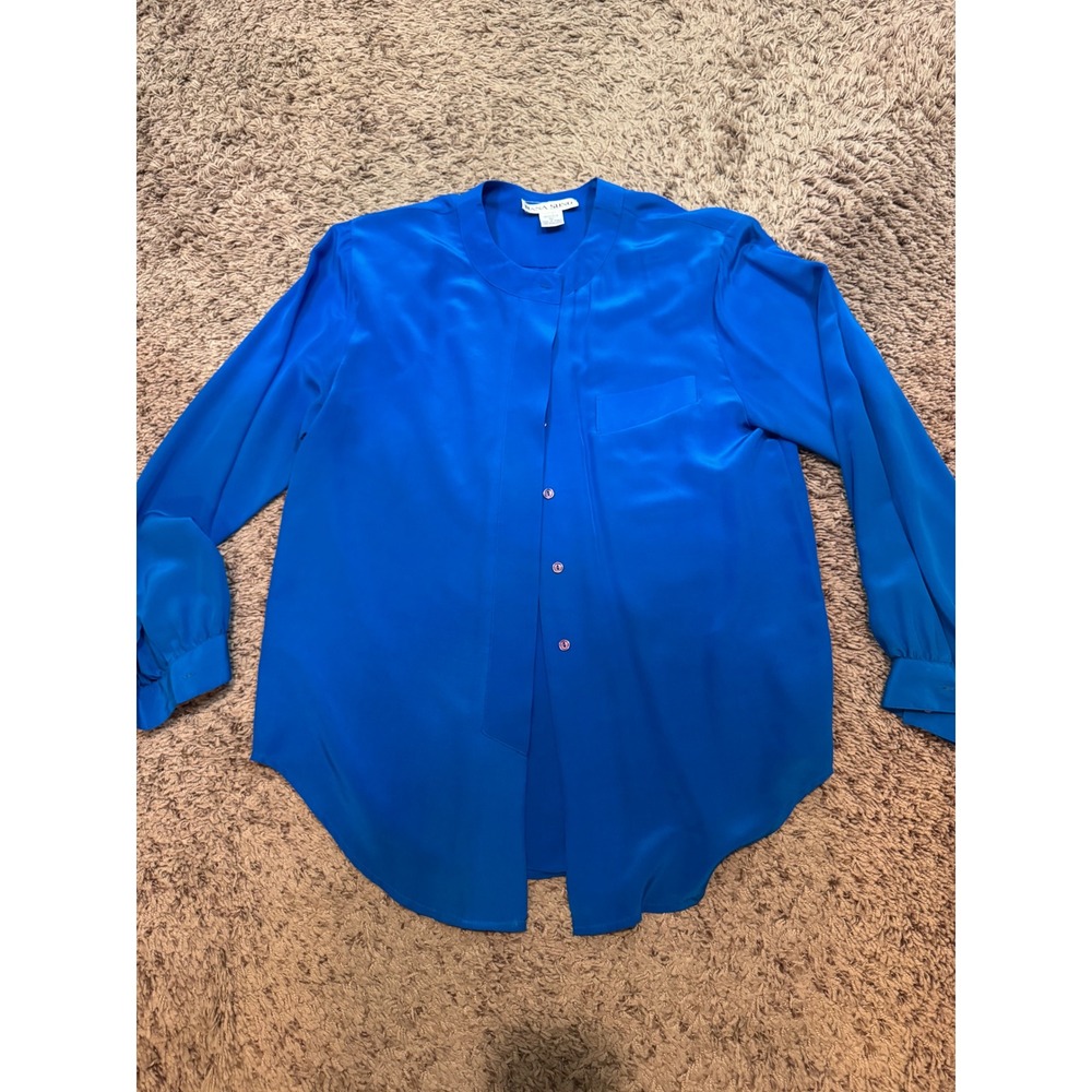 100% Silk Hana Sung Vintage Blouse Women's Size 10‎ Royal Blue Button Front
